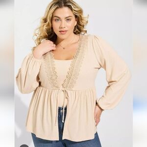 NWT TORRID | Super Soft Rib V-Neck Lace Trim Tie Front Long Sleeve Top Sz 3X